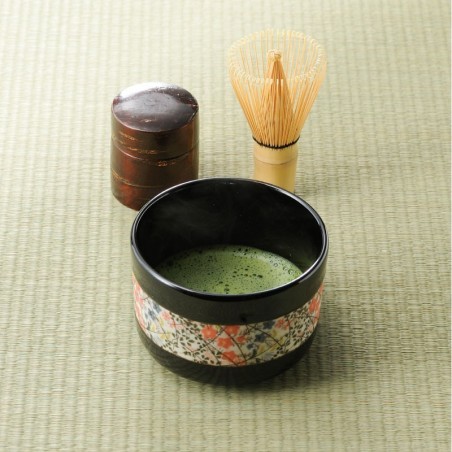 Tazza matcha nera con banda floreale diam. 11,5 cm e h. 6,0 cm